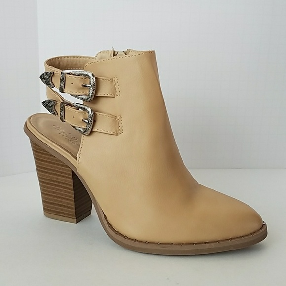 Charlotte Russe Shoes - Beige Open Back Western Buckle Bootie